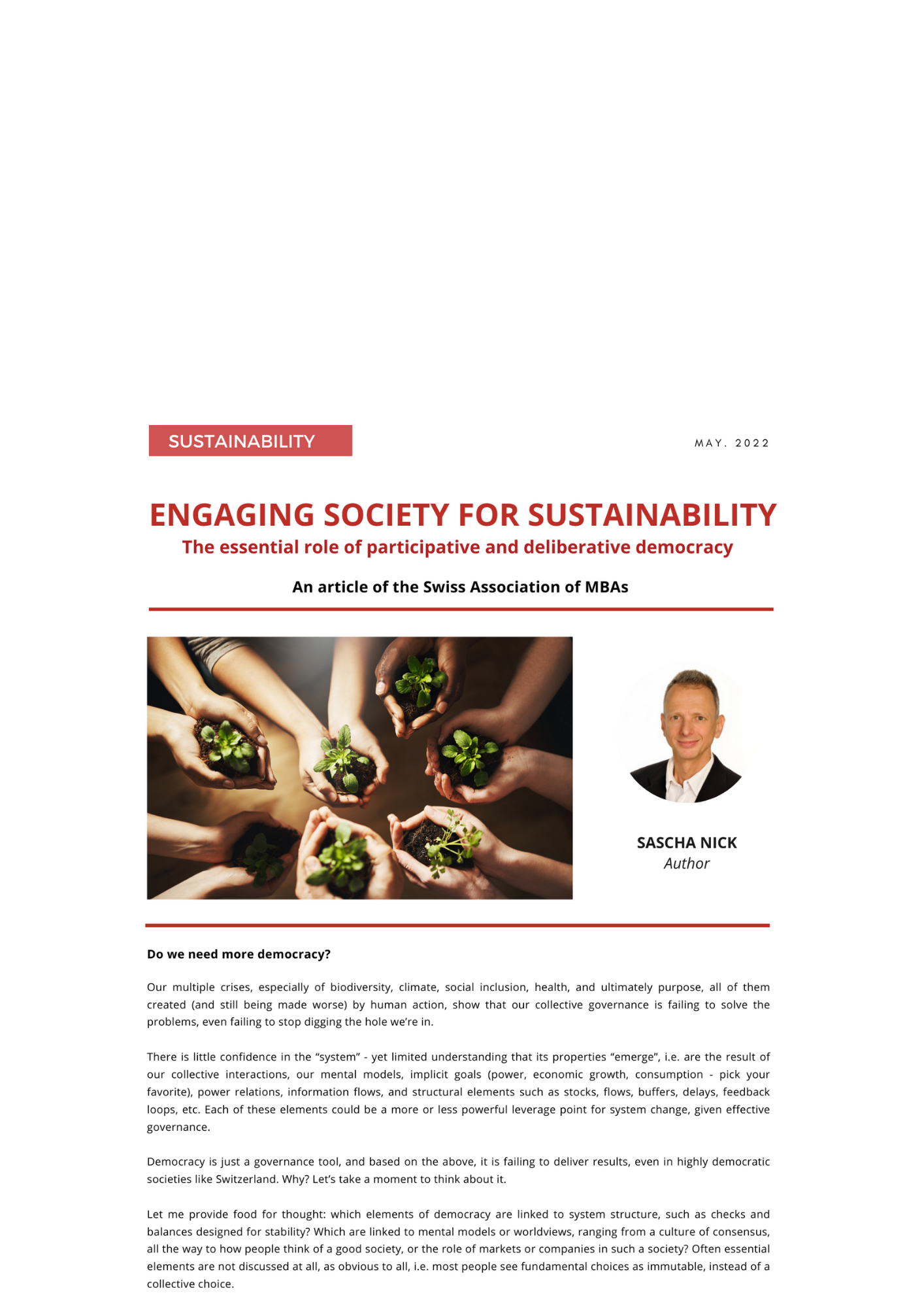 ENGAGING SOCIETY FOR SUSTAINABILITY - The essential role of participative and deliberative democracy